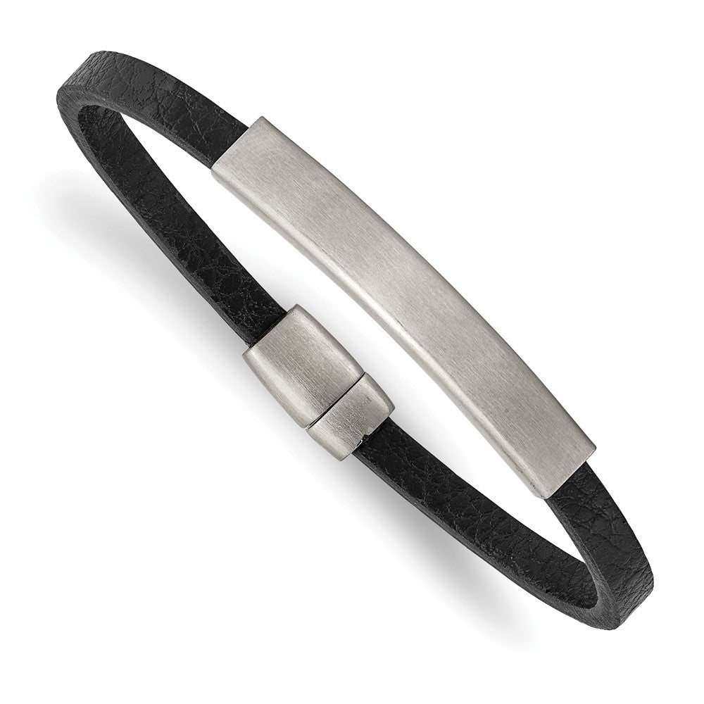 Stainless Steel Brushed Textured Black PU Leather 8.25in ID Bracelet 8.25 inches