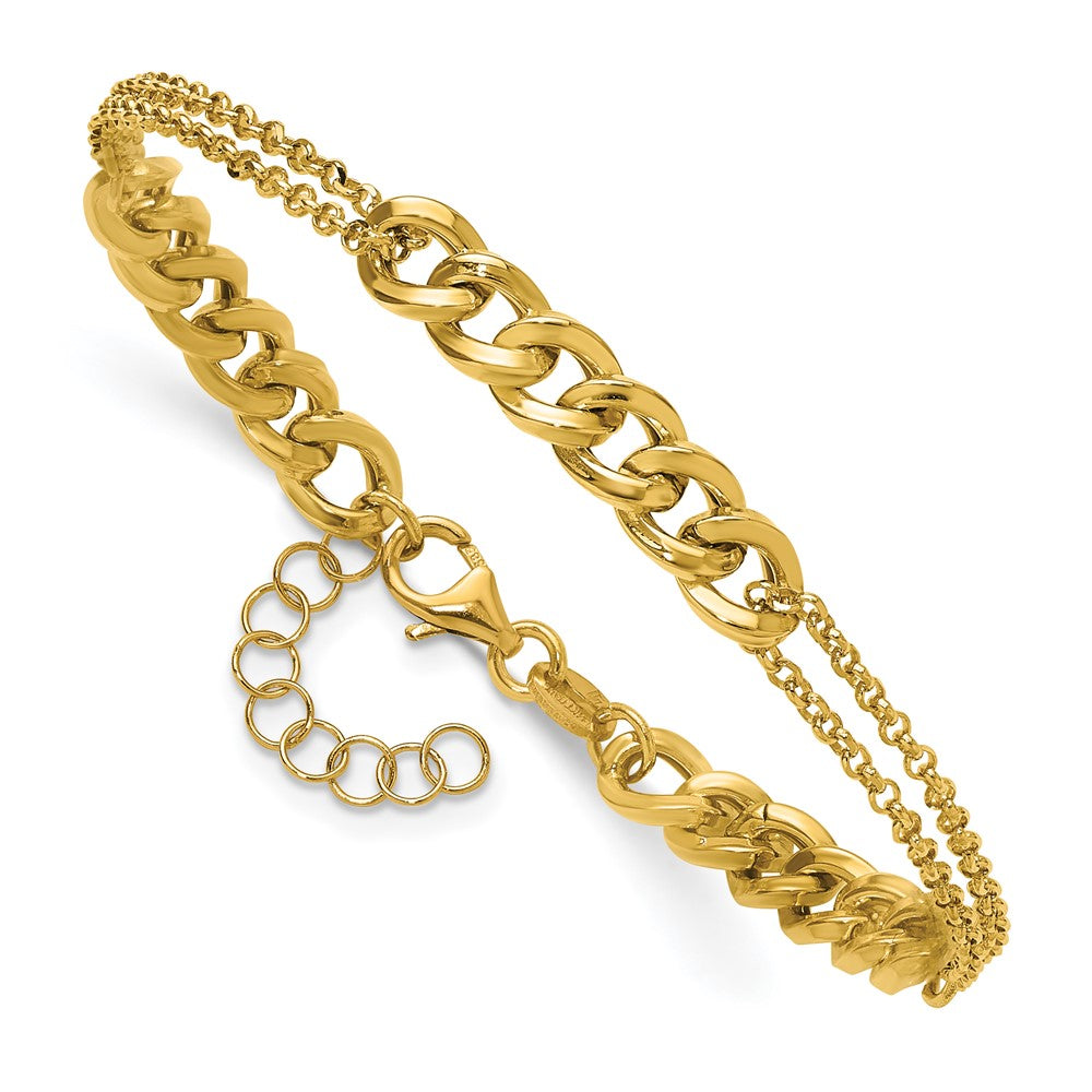 14K Polished/Dia-cut 2-Strand Fancy Link w/1in ext. Bracelet 8  inches