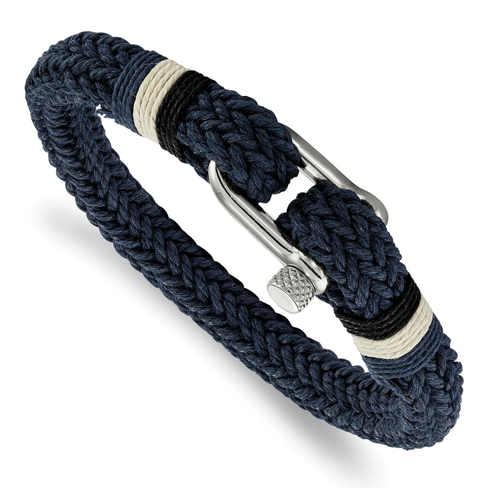 Stainless Steel Polished Woven Navy Cotton 8.5in Bracelet 8.5 inches