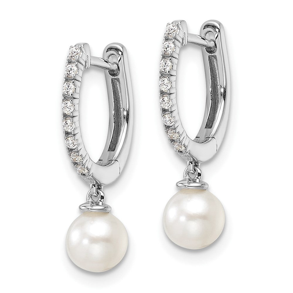 14K White Gold 1/10 Carat Lab Grown Diamond VS/SI+ G+ & 5.50mm Freshwater Cultured Pearl Complete Hinged Hoop Earrings