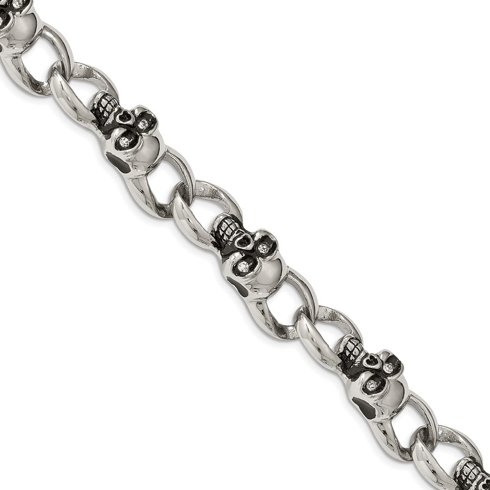 Stainless Steel Antiqued and Polished w/CZ Skulls 9in Bracelet 9 inches