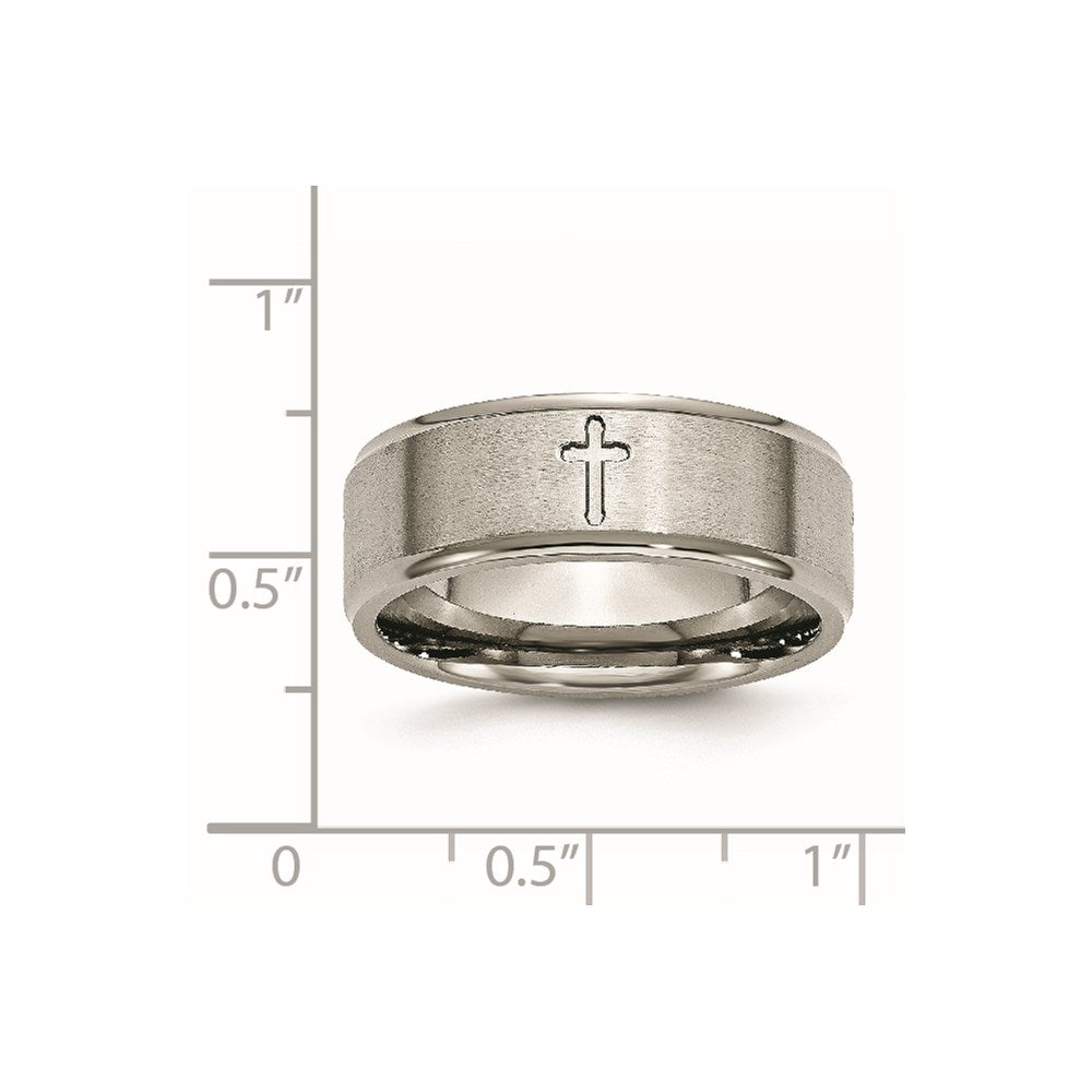 Titanium Brushed Center Cross 8mm Ridged Edge Band Size - 9