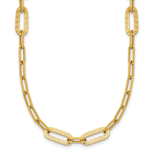 14K Polished Textured Greek Key Paperclip Link Necklace