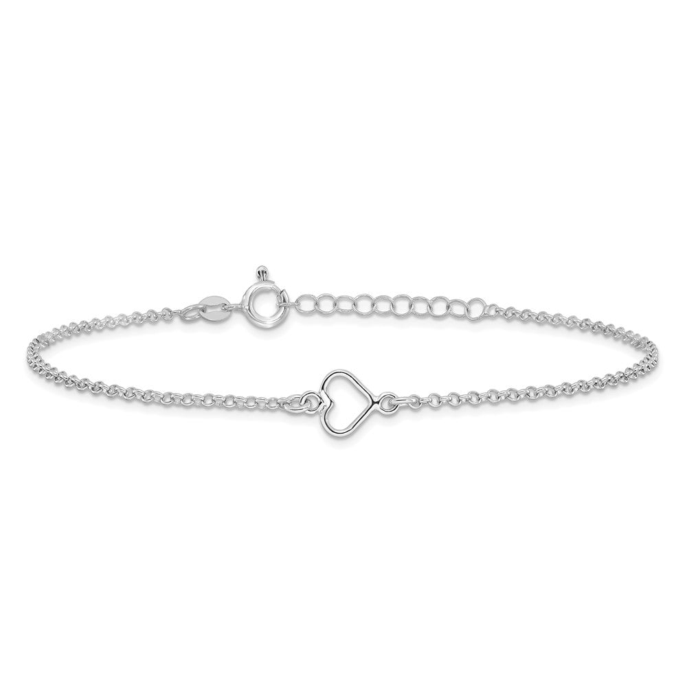 Sterling Silver Rh-plated Polished Heart 9in PLUS 1in ext. Anklet