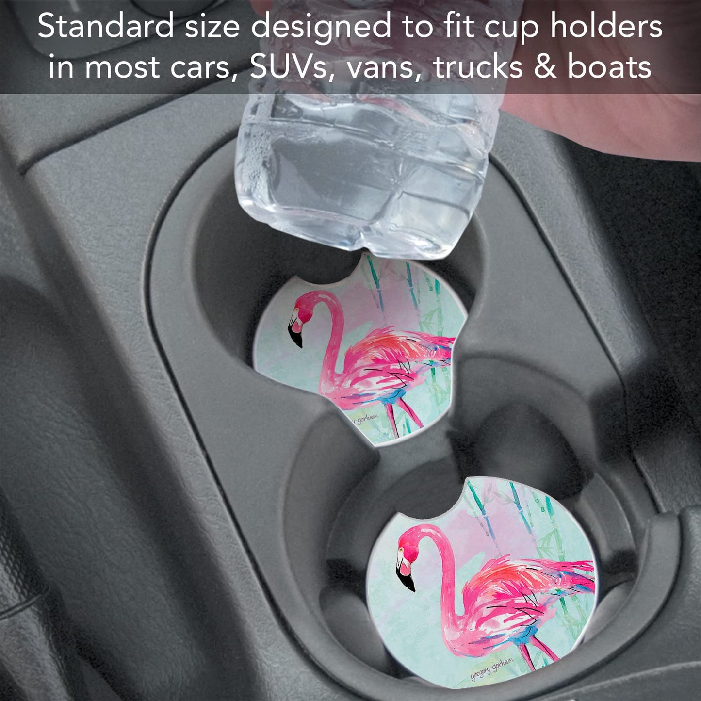 CounterArt "Flamingo Flair" 1 Pack Absorbent Stone Coaster for Vehicle Cup Holder 2.6” Diameter