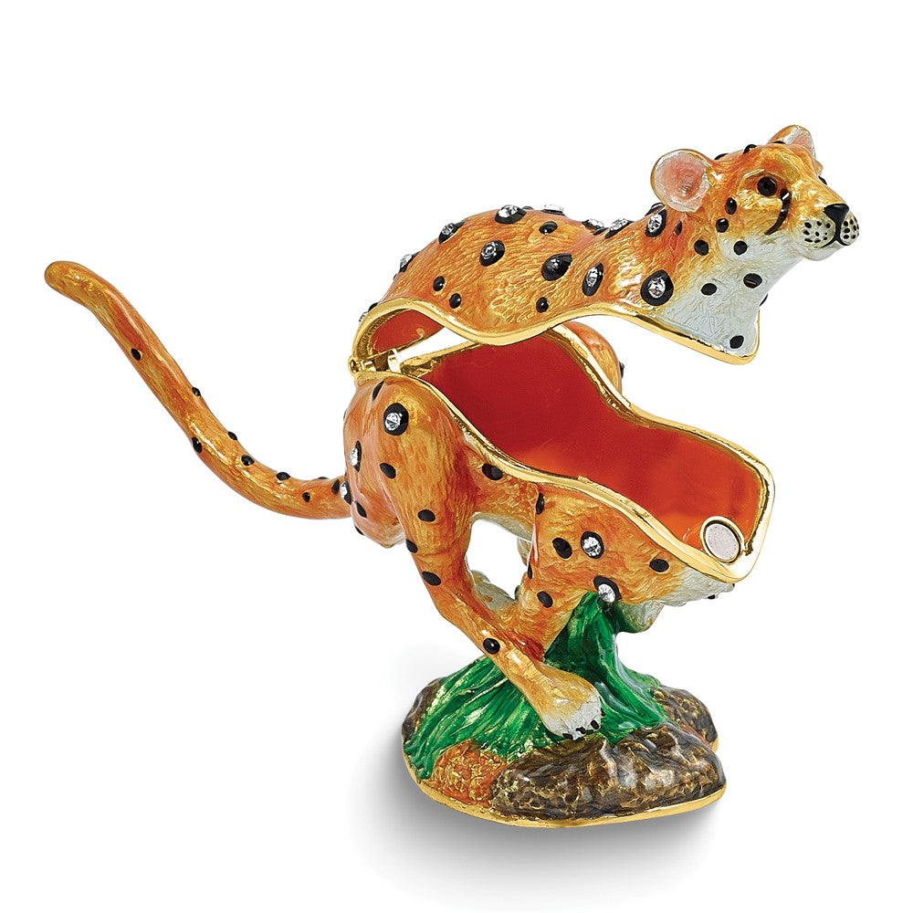 Luxury Giftware by Jere Bejeweled SPEEDY Running Leopard Trinket Box with Matching 18 inch Necklace