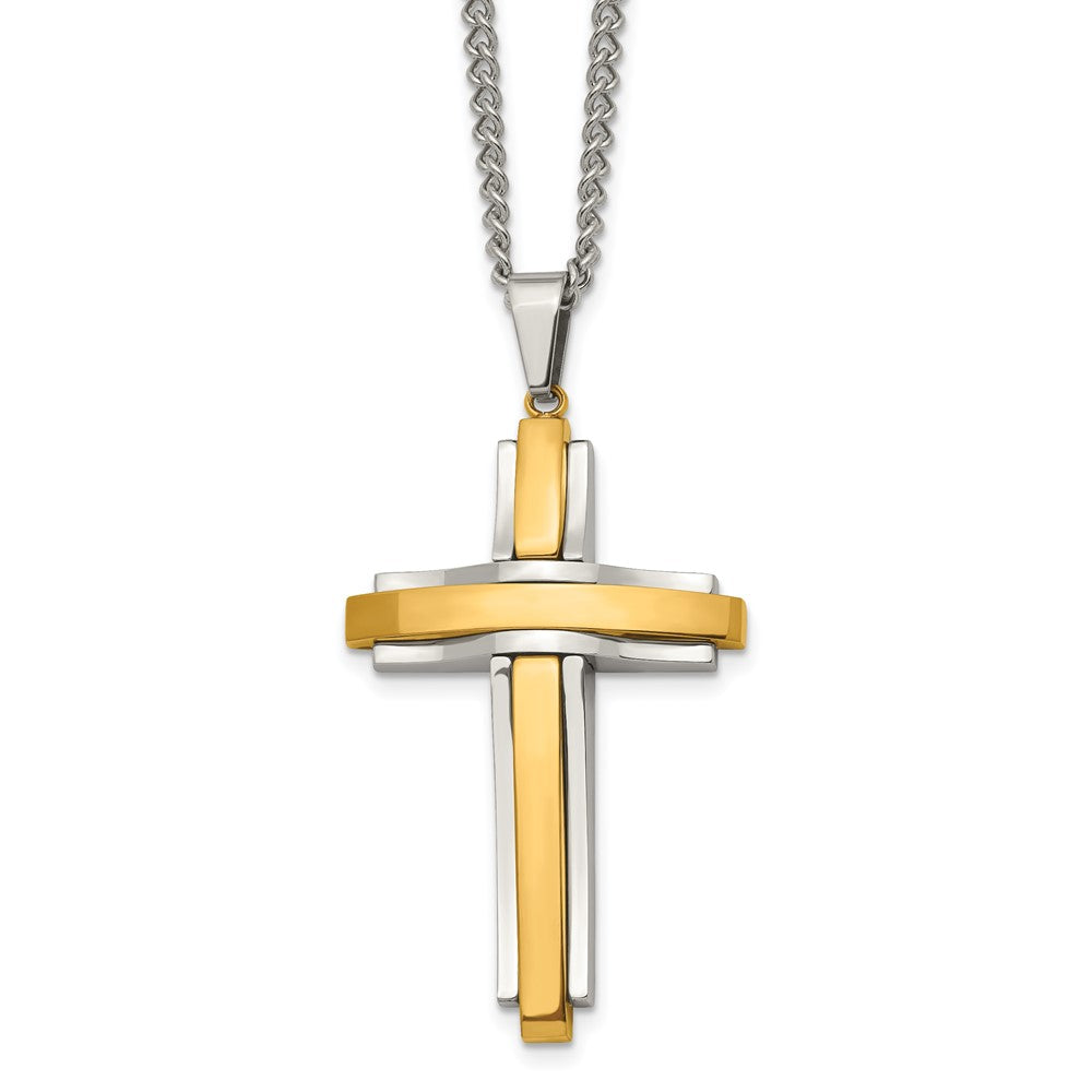 Stainless Steel Polished Yellow IP-plated Cross 24in Necklace