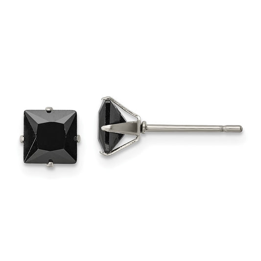 Stainless Steel Polished 6mm Black Square CZ Stud Post Earrings