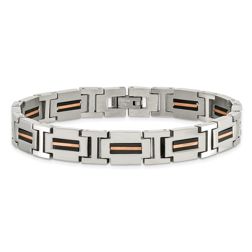 Stainless Steel 8.5in Polished Black and Rose IP-plated Link Bracelet 8.5 inches