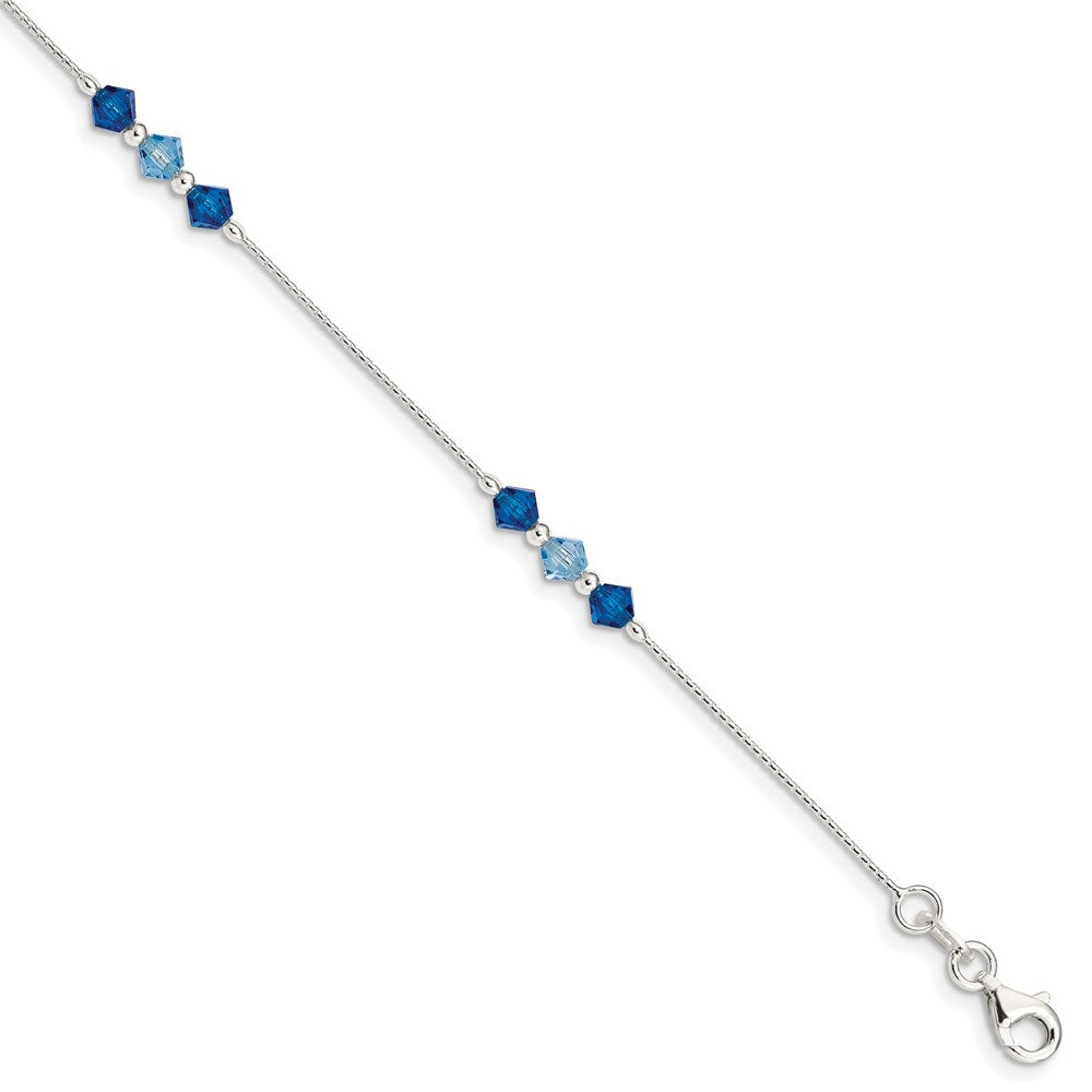 Sterling Silver Polished Aquamarine Capri Blue Glass Bead Bracelet 7.5 inches