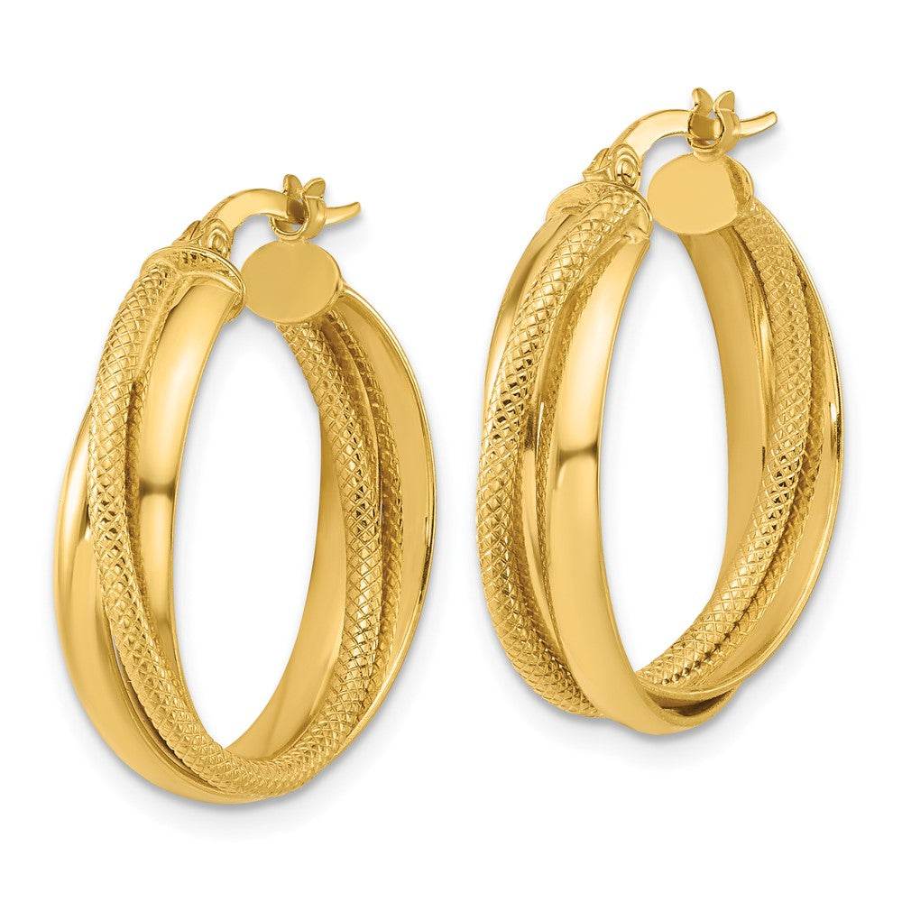 14K Polished and Textured Round Hoop Earrings