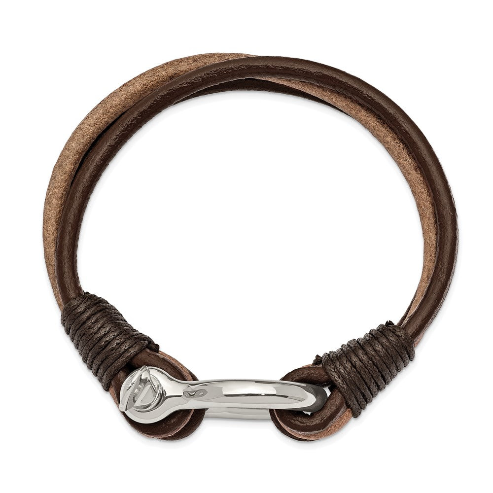 Stainless Steel Polished D.Brown/Tan Leather MultiStrand Shackle Bracelet 8.25 inches