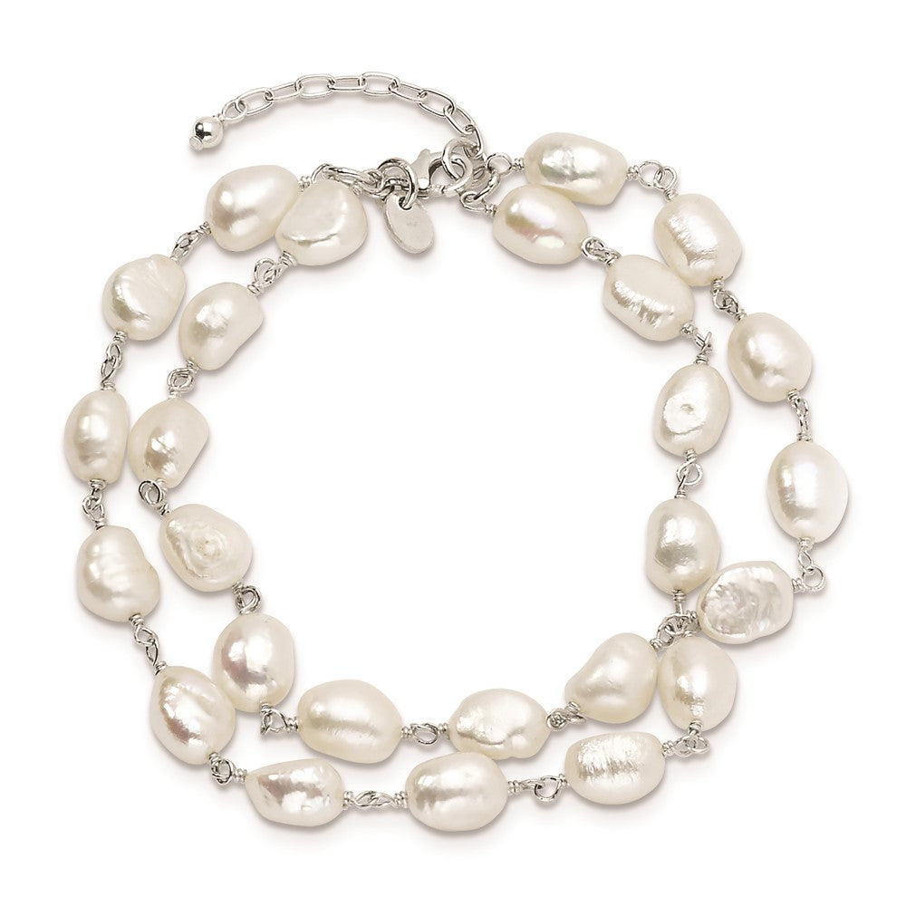 Sterling Silver 2-Strand White Baroque FW Cultured Pearl 8.5in Bracelet 8.5 inches