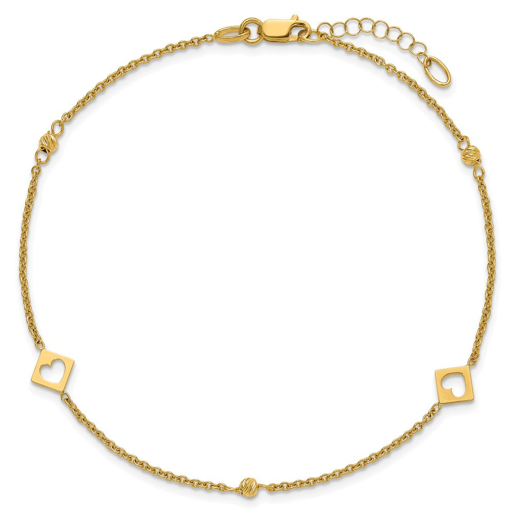 14k Polished Cut-out Hearts and Diamond-cut Beads 9 inch with 1 inch Extender Anklet