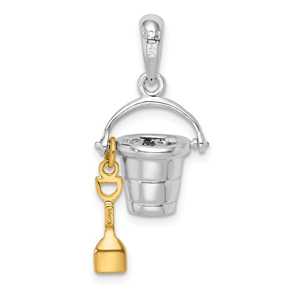 Sterling Silver Polished 3D Moveable Bucket w/14k Shovel Pendant