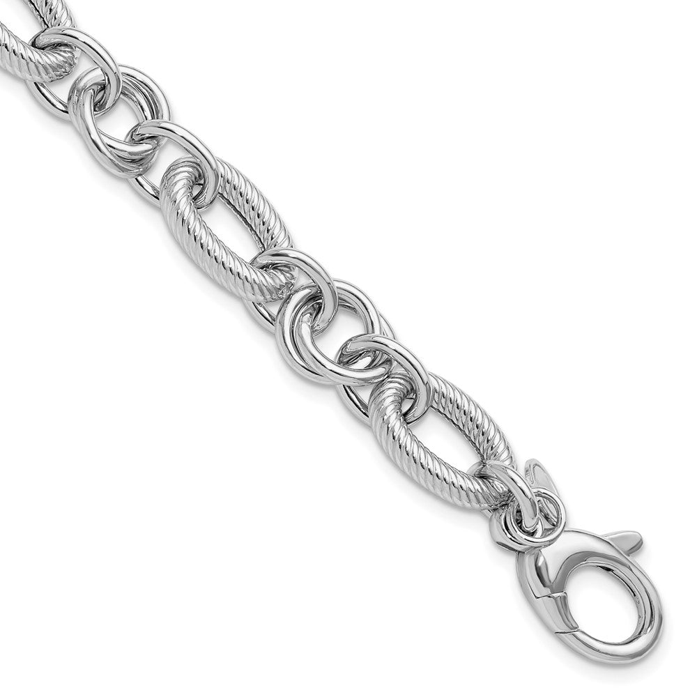 SS RH-plated Polished/Textured Fancy Link w/.25in ext. Bracelet 7.75  inches