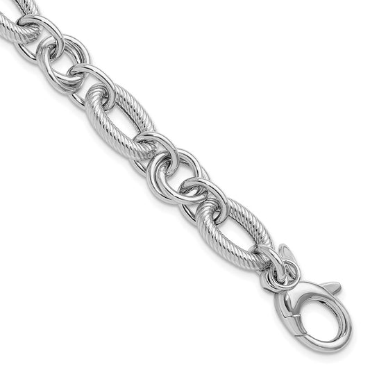SS RH-plated Polished/Textured Fancy Link w/.25in ext. Bracelet 7.75  inches