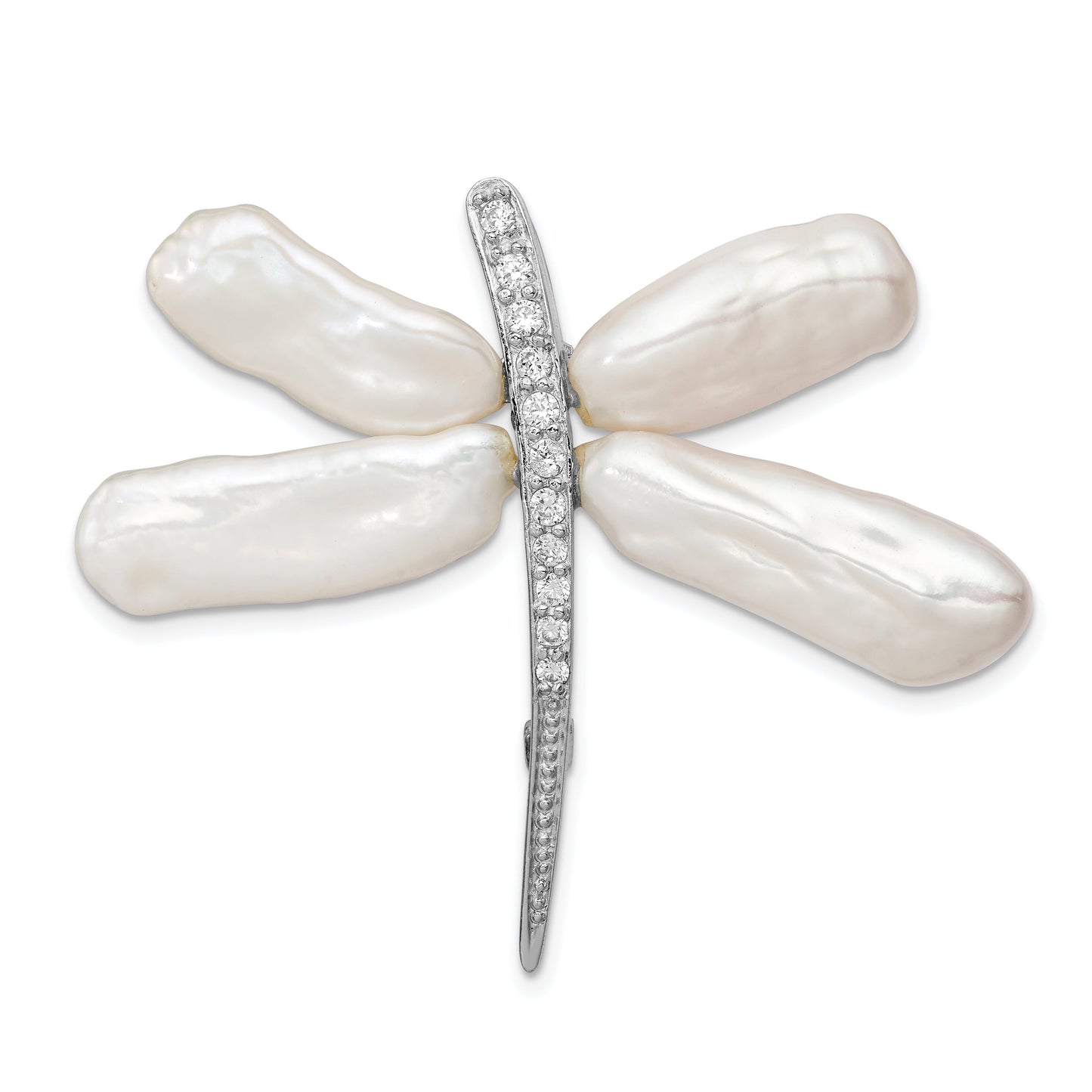 Sterling Silver RH White Baroque FWC Pearl CZ Dragonfly Slide Pin QP4765