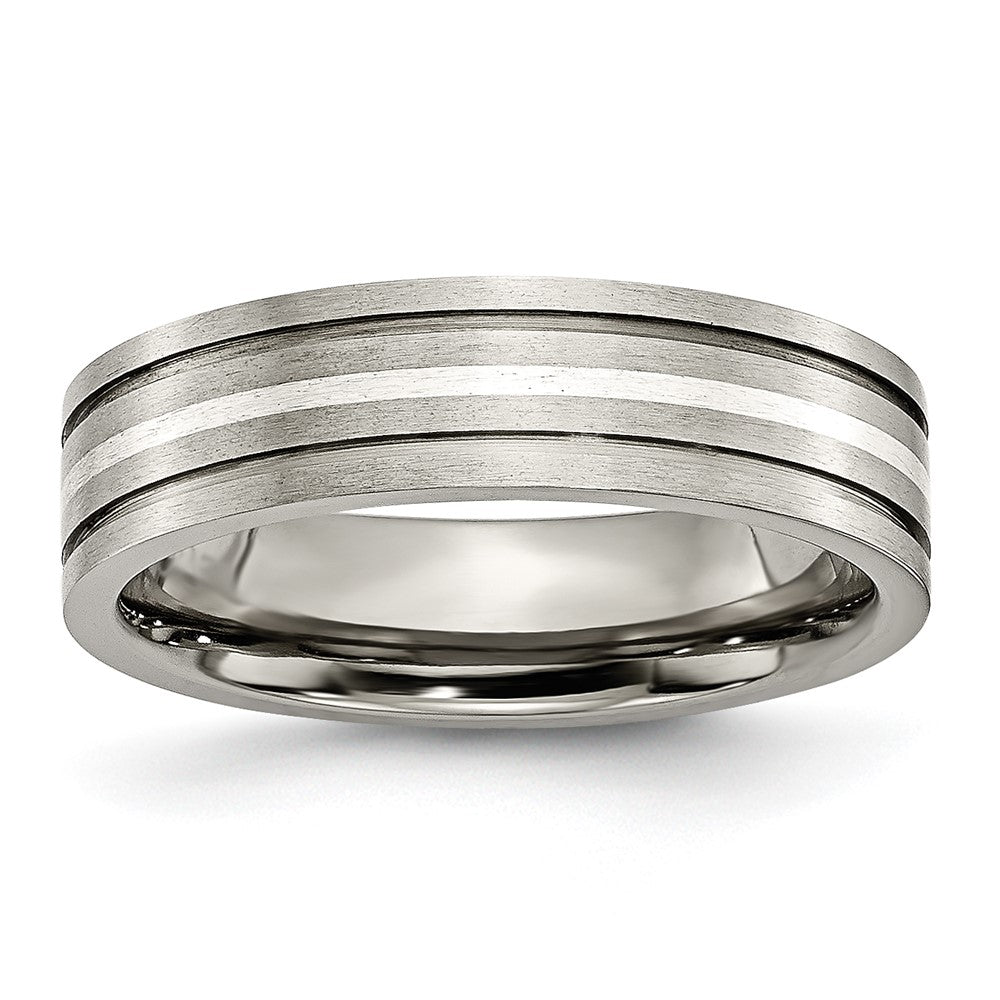 Titanium Brushed w/Sterling Silver Inlay 6mm Grooved Band Size - 13