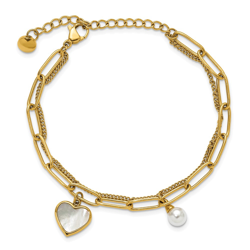 Chisel Stainless Steel Polished Yellow IP-plated Mother of Pearl Heart and Simulated Pearl 6.5 inch Plus a 2 inch Extension Bracelet 8.5 inches