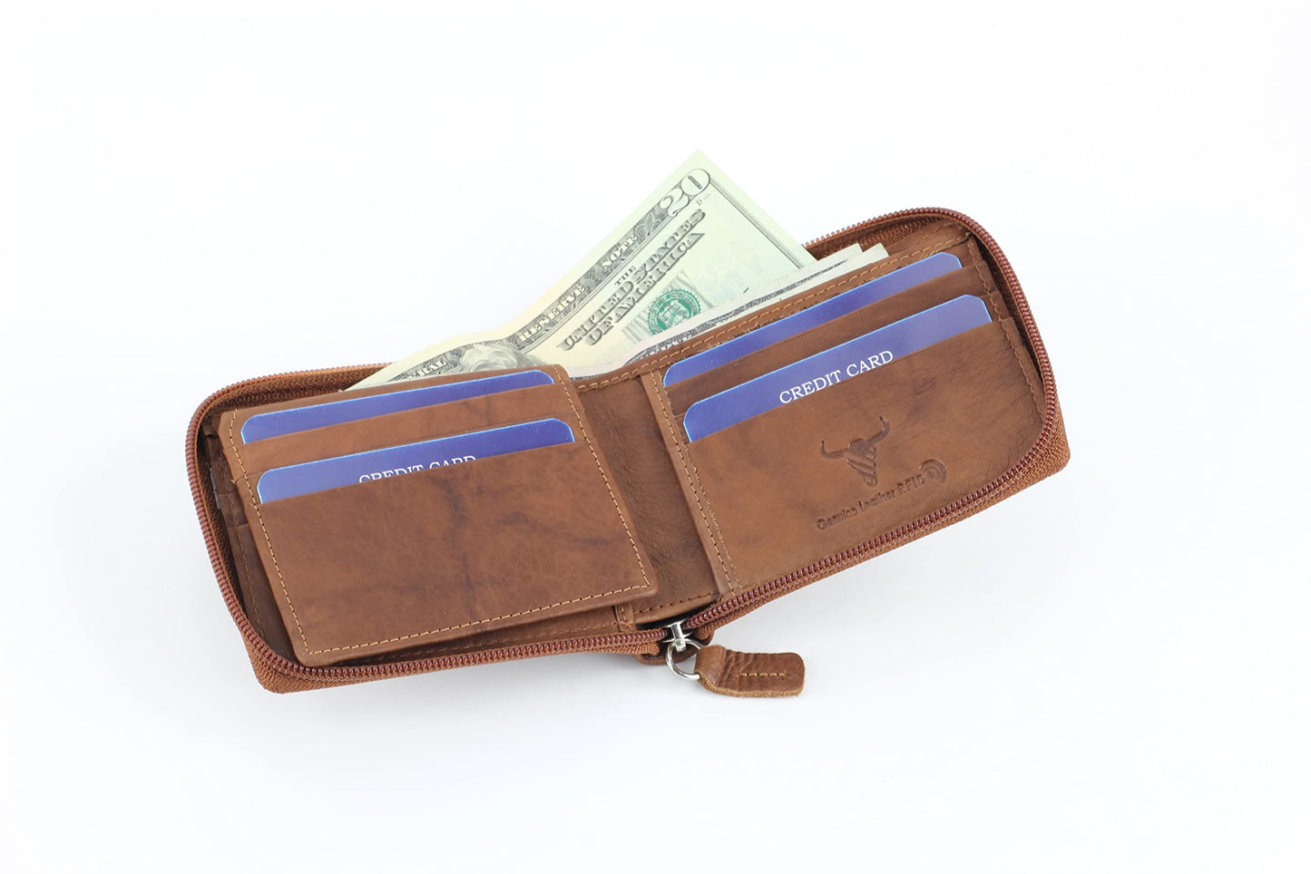 Tan Leather RFID Blocking Zip Around Top Flap Wallet