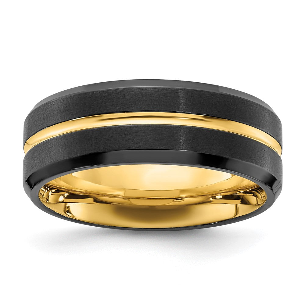 Stainless Steel Brushed & Polished Black/Yellow IP-plated 8mm Band Size - 12.5