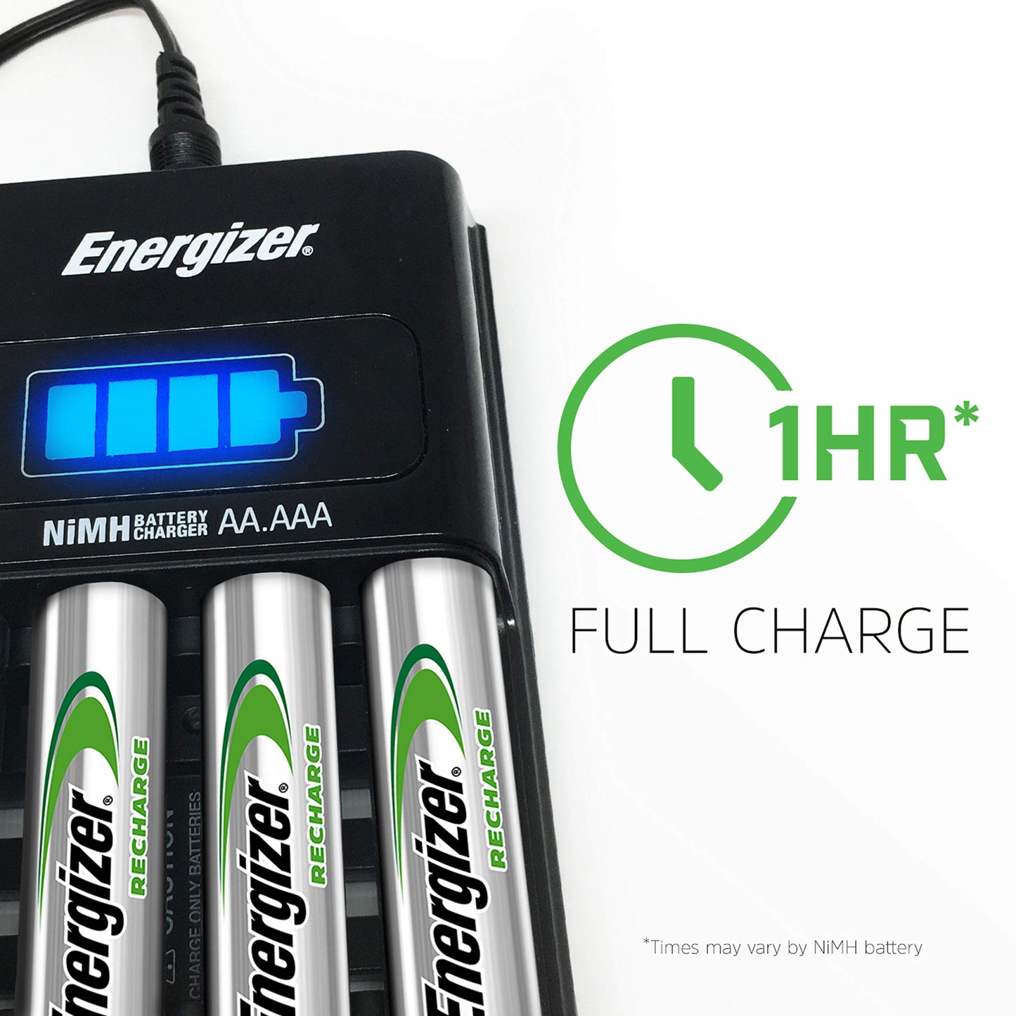 ENERGIZER EVECH1HRWB4 Recharge 1 Hour Charger, AA or AAA NiMH Batteries, 3 per Carton