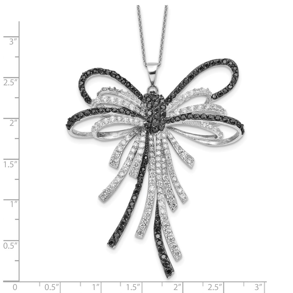 Sterling Silver Rhod-pl Black and White CZ Fancy Bow Necklace