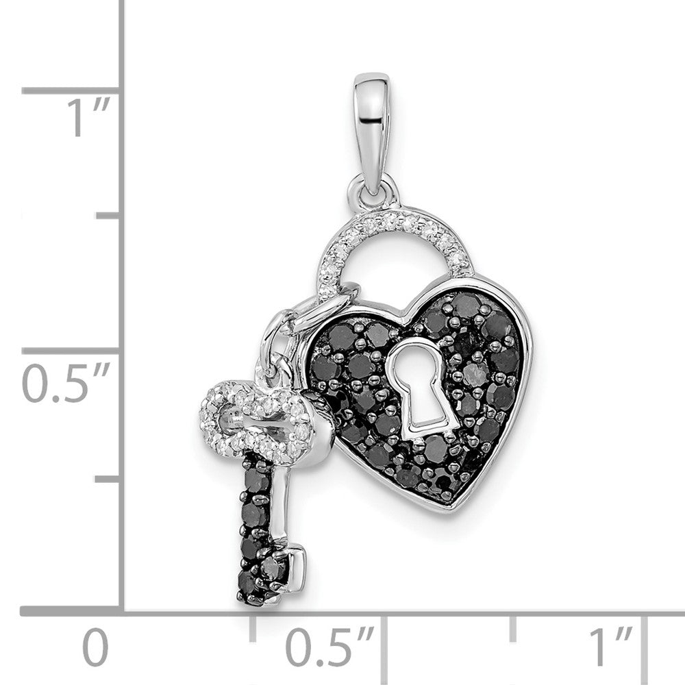 White Night Sterling Silver Rhodium-plated Black and White Diamond Heart and Key 18 Inch Necklace with 2 Inch Extender 18 Inches