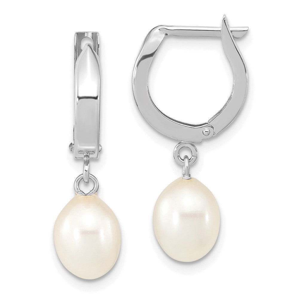 10K White Gold 6-7mm White Teardrop Freshwater Cultured Pearl Hoop Dangle Earrings