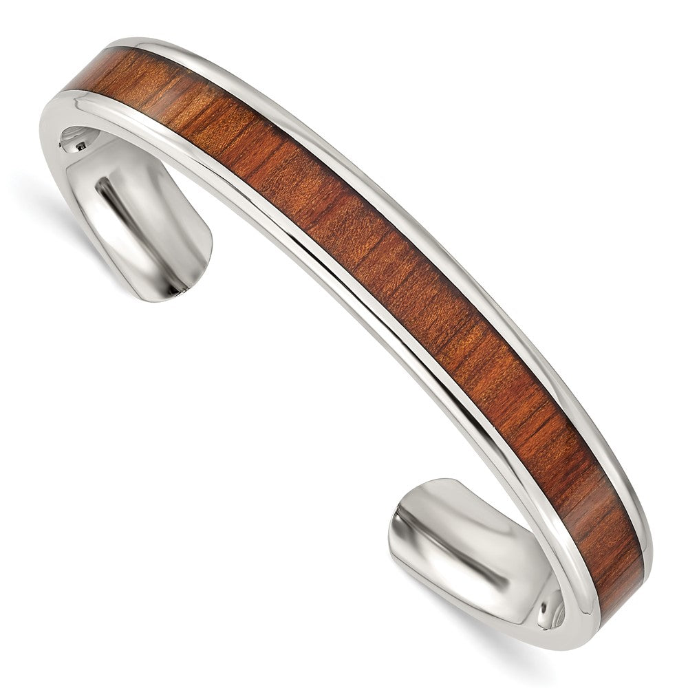 Stainless Steel Polished w/Red/Orange Koa Wood Inlay Bangle 7 inches