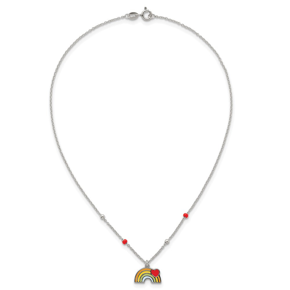 Sterling Silver Polished Beaded Enameled Heart on Rainbow Childrens 14 inch Necklace
