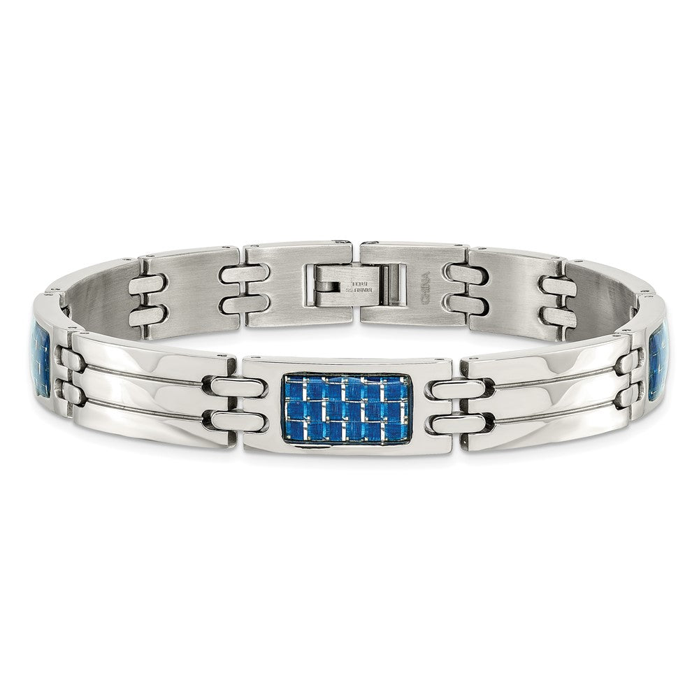 Stainless Steel Polished w/Blue Carbon Fiber Inlay 8.5in Bracelet 8.5 inches