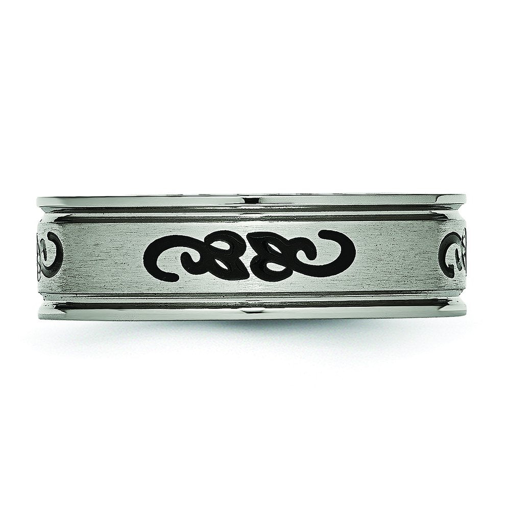 Titanium Brushed with Black Rubber Design 7mm Ridged Edge Band Size - 7