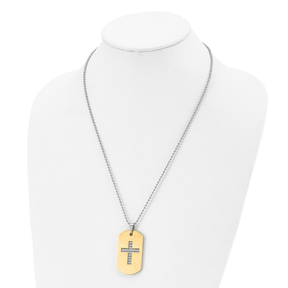 Stainless Steel Brushed and Polished Yellow IP Prayer Cross 22in Necklace