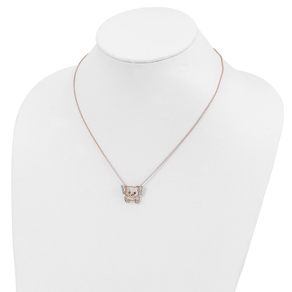 Cheryl M Sterling Silver Rose Gold-plated Brilliant-cut Black Glass and Brilliant-cut White CZ Flying Pig 18 Inch Necklace 18 Inches