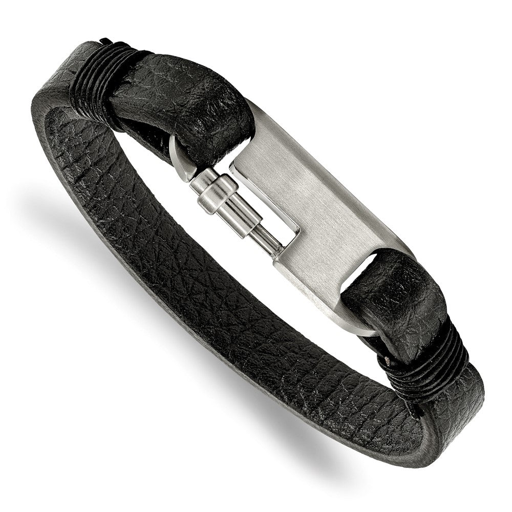 Stainless Steel Brushed Black Genuine Leather 8in Bracelet 8 inches