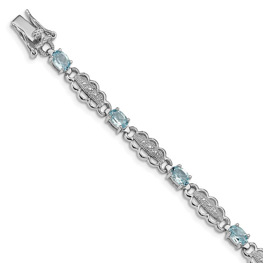 Sterling Silver Rhodium-plated Aquamarine & Diamond Bracelet 7 inches
