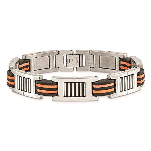Stainless Steel 8.5in Polished with Rubber Black and Orange Bracelet 8.5 inches