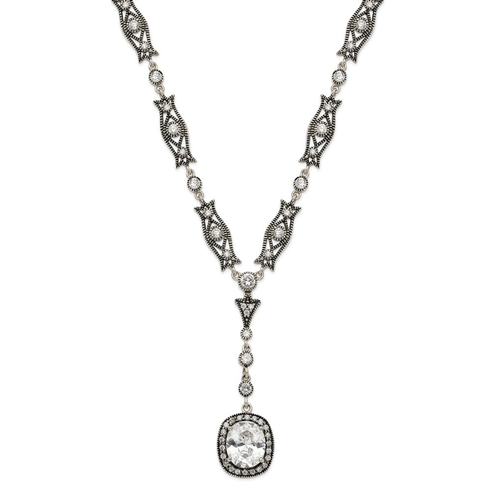 Sterling Silver Rhod-pl Antiqued White Cz Oval Necklace