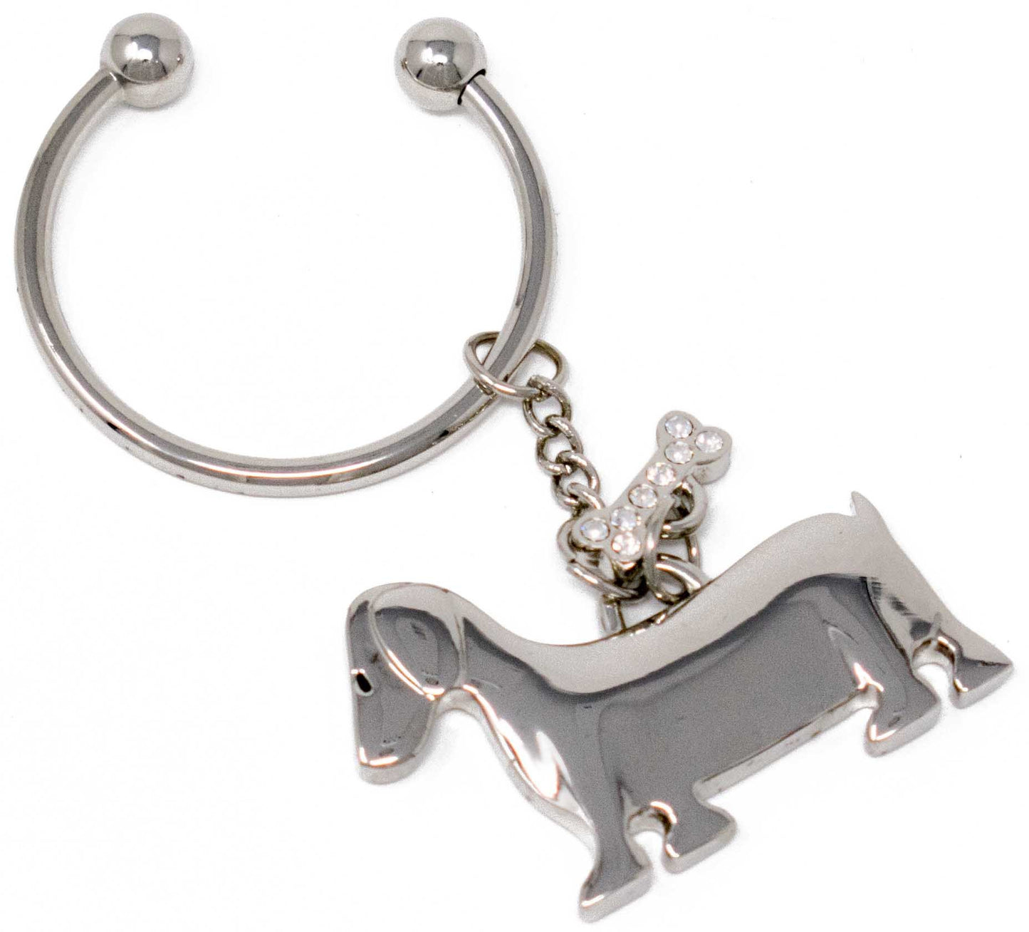 Silver-tone Dog with Crystal Bone Key Ring QGM20738