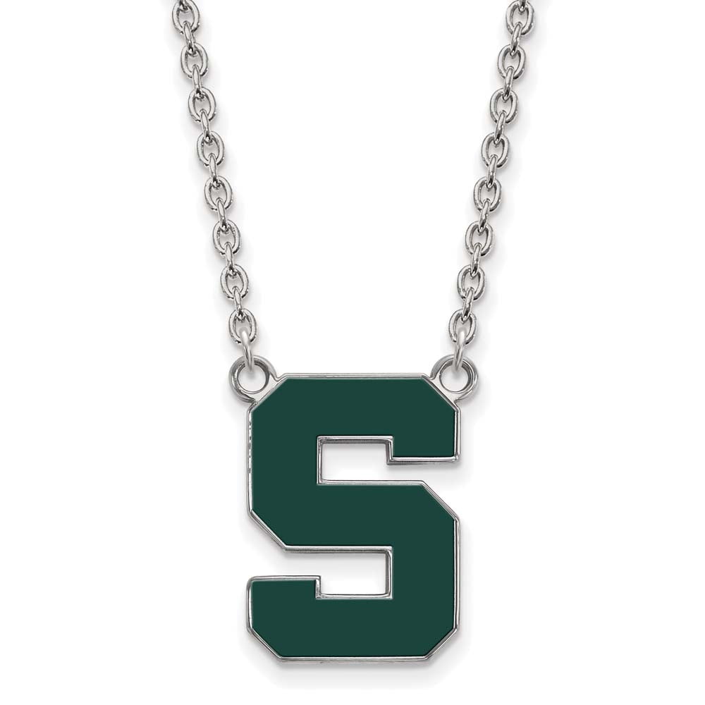 LogoArt Sterling Silver Michigan State University Large Enamel Pendant Necklace