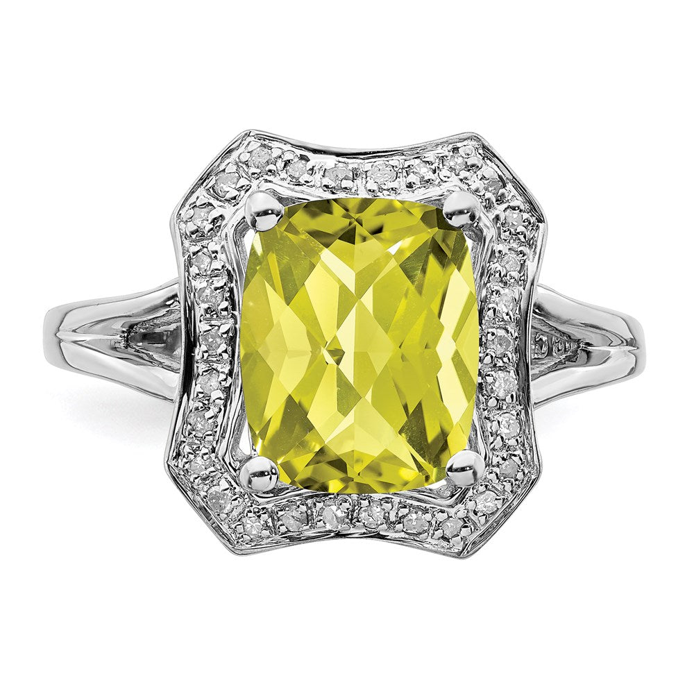 Sterling Silver Rhodium Checker-Cut Lemon Quartz & Diam. Ring