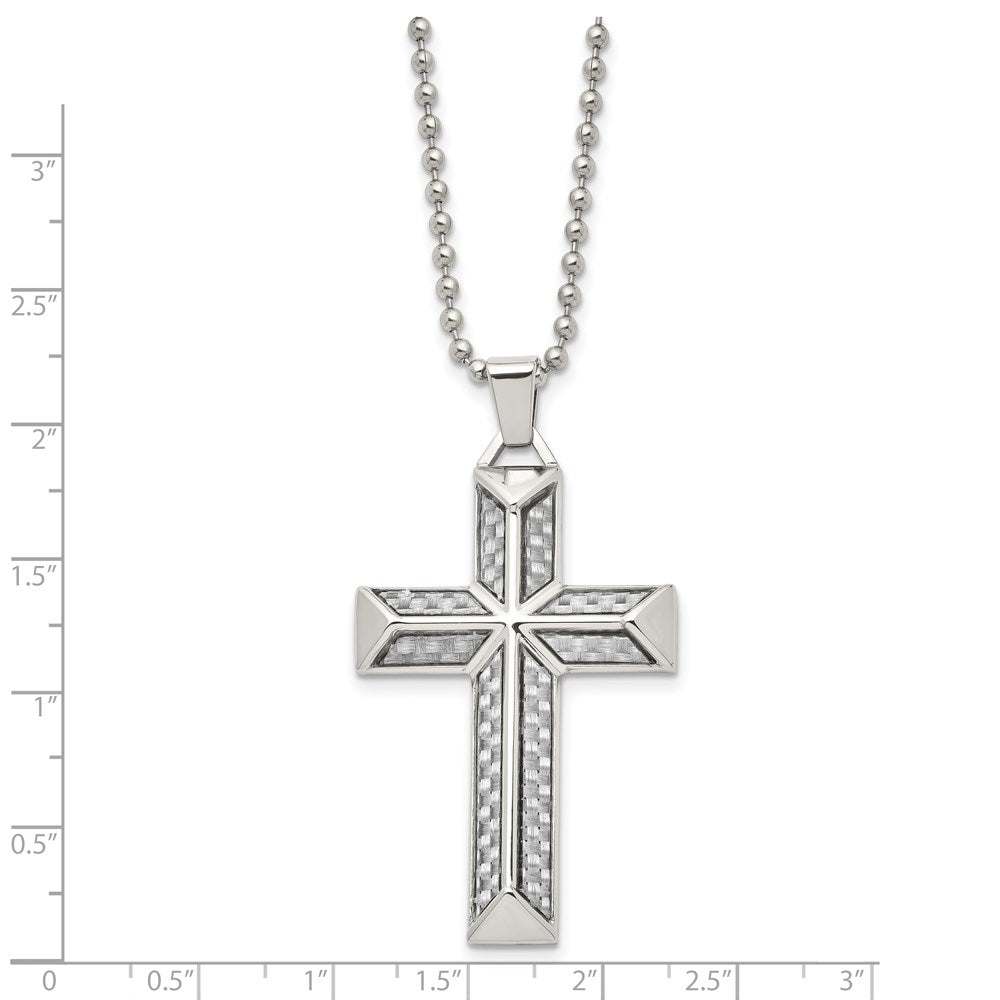 Stainless Steel Polished w/Grey Carbon Fiber Inlay Cross 24in Necklace