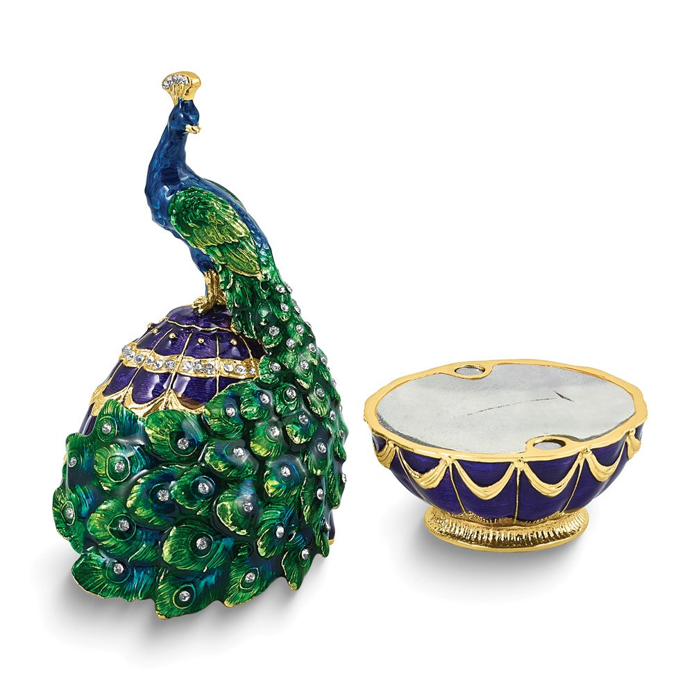 Luxury Giftware by Jere Bejeweled BLUE BEAUTY Peacock Trinket Box with Ring Insert and Matching 18 inch Necklace