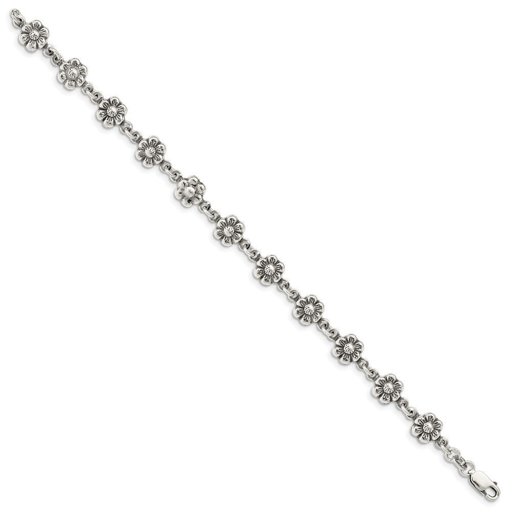 Sterling Silver Antiqued Flower Charm Bracelet 7 inches