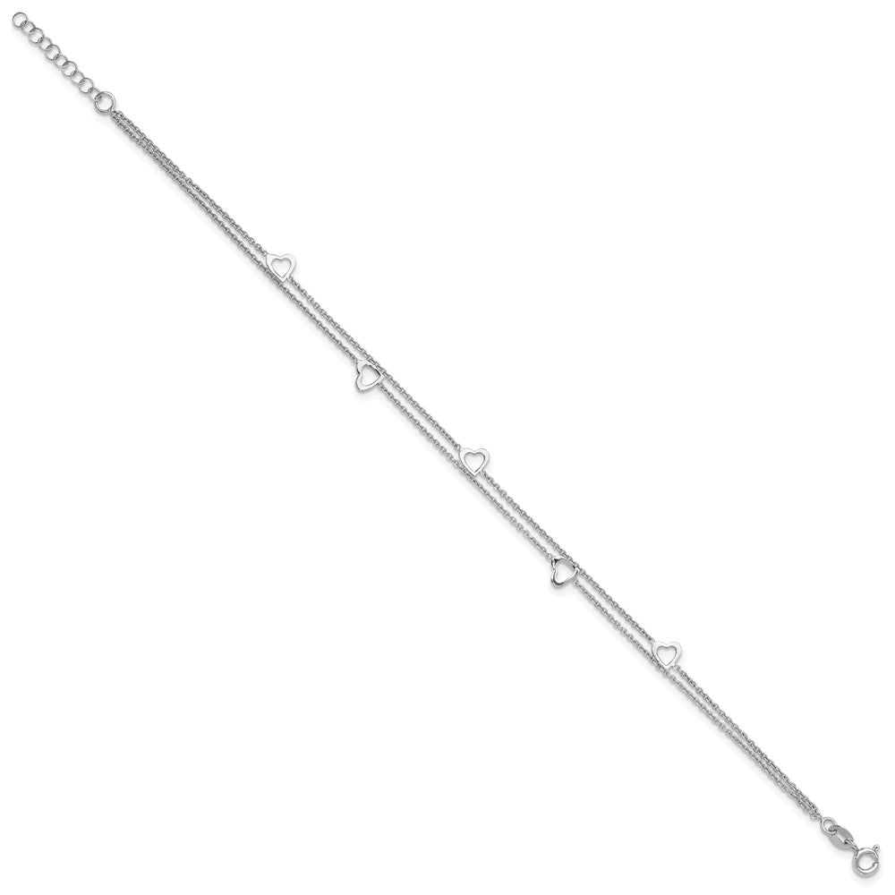 Sterling Silver Rhodium-plated 2-Strand 9 in Plus 1in ext. Heart Anklet 9 inches