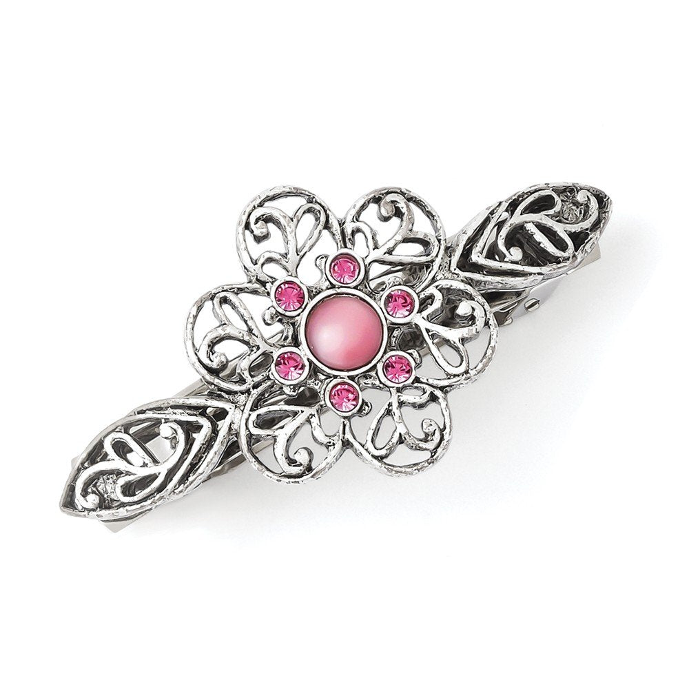 1928 Jewelry Women's Rose Pink Crystal Flower Bar Hair Barrette, (1 Pcs)