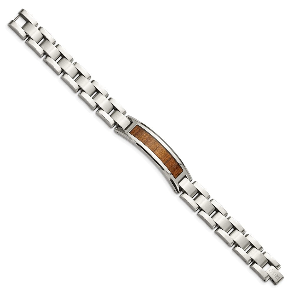 Stainless Steel Brushed & Polished Enameled w/Koa Wood Inlay Bracelet 8.5 inches