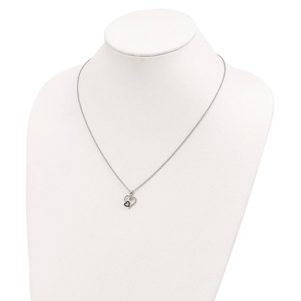 White Night Sterling Silver Rhodium-plated Black and White Diamond Double Heart 18 Inch Necklace with 2 Inch Extender 18 Inches
